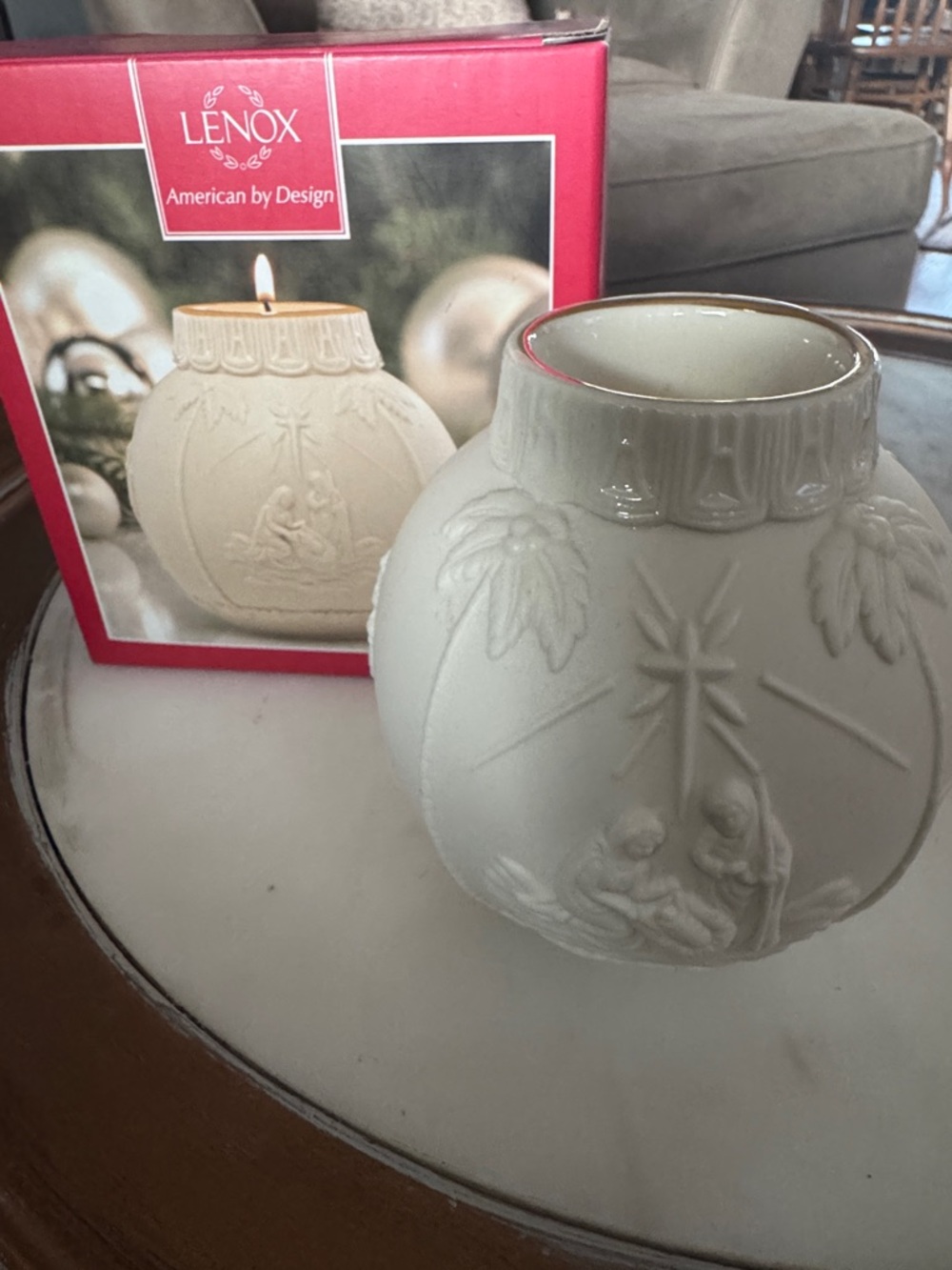 Lenox Cream Nativity Embossed Ball Candle Holder 4inches high